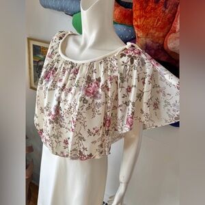 1970s FLUTTERY DISCO DRESS Vintage Floral Polyester Cape M/L Fairy Boho
